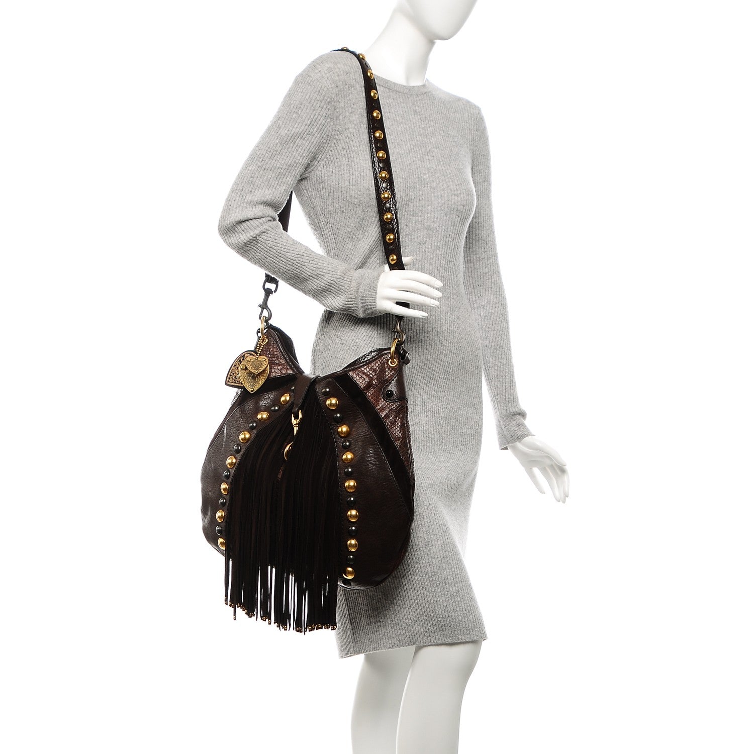 Gucci Calfskin Python Suede Fringe Babouska Hobo Brown 2 of 6