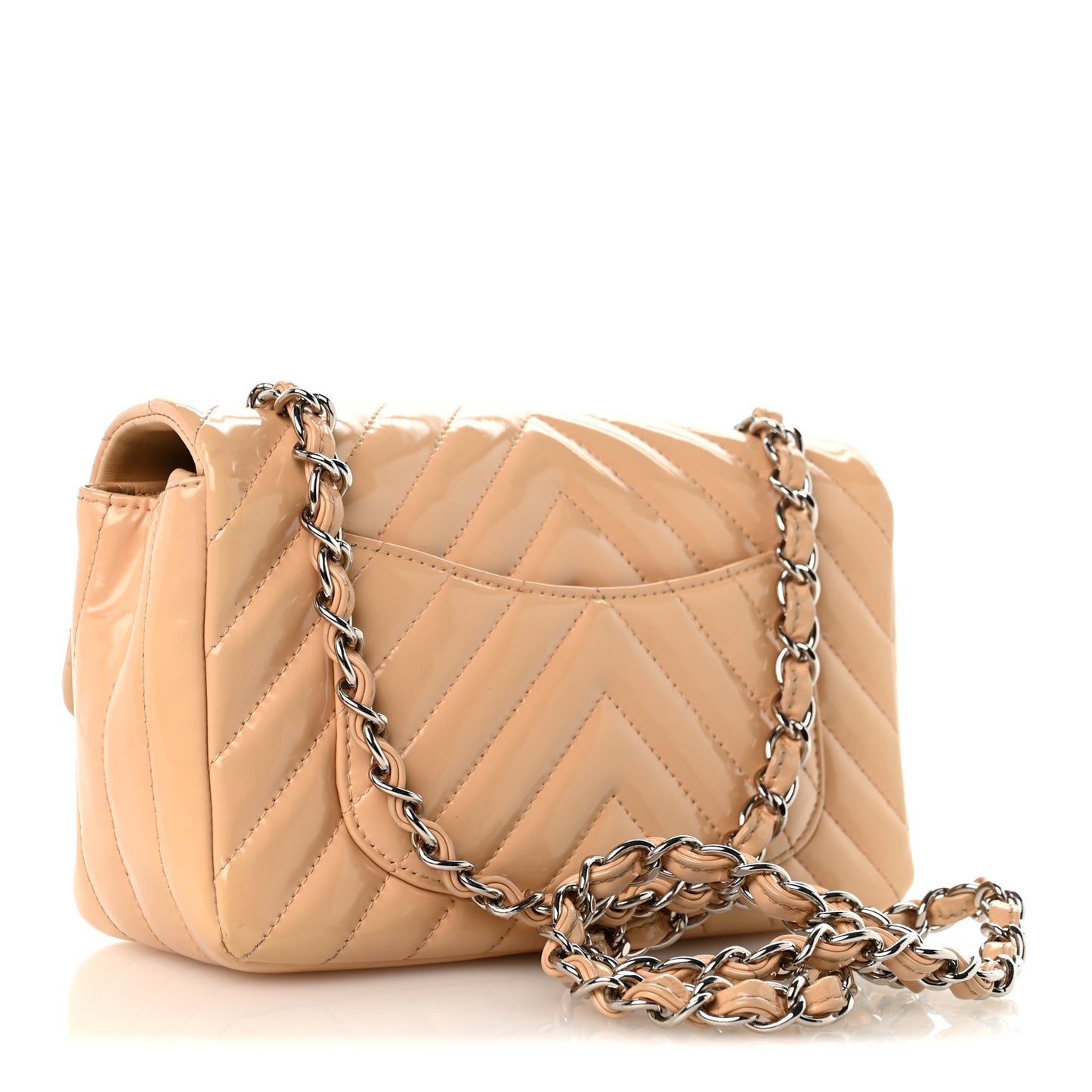 Patent Chevron Quilted Mini Rectangular Flap Beige