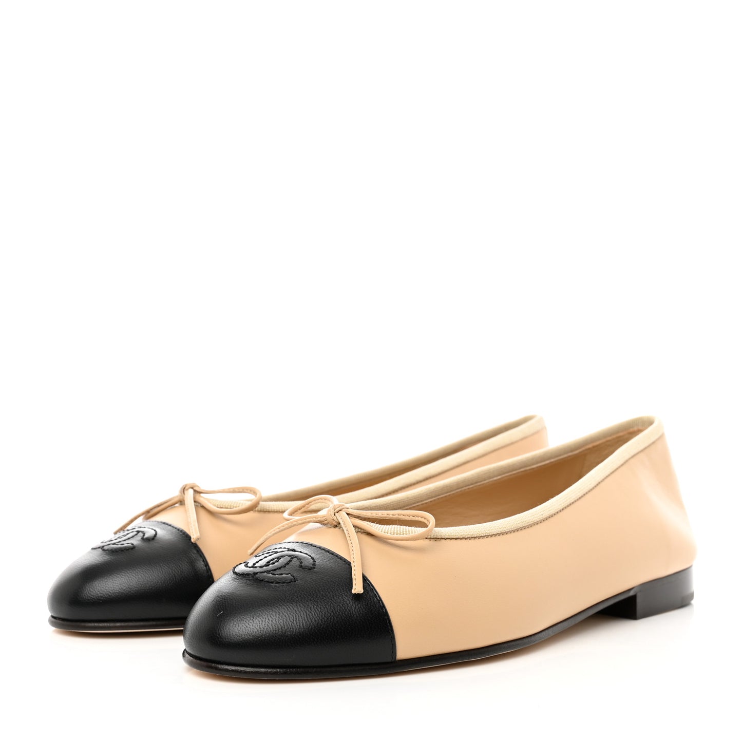 Lambskin Cap Toe Ballerina Flats 38.5 Beige Black
