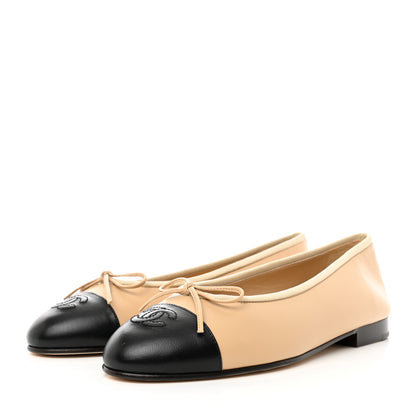 Chanel Lambskin Cap Toe Ballerina Flats 38.5 Beige Black 3 of 9