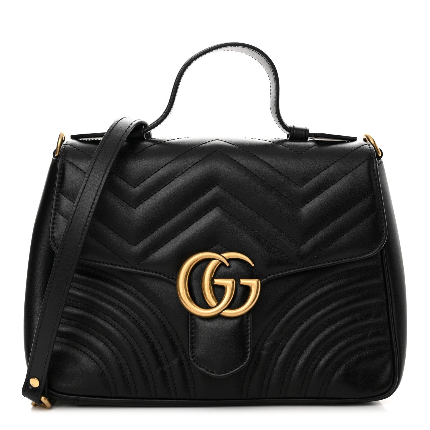 Gucci Calfskin Matelasse Small GG Marmont Top Handle Shoulder Bag Black 1 of 15