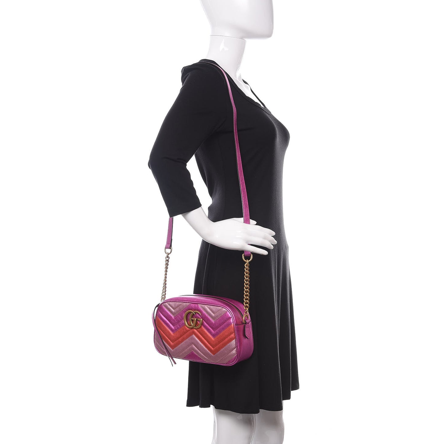 Laminated Nappa Matelasse Small GG Marmont Chain Shoulder Bag Fuxia Rosso Rosa