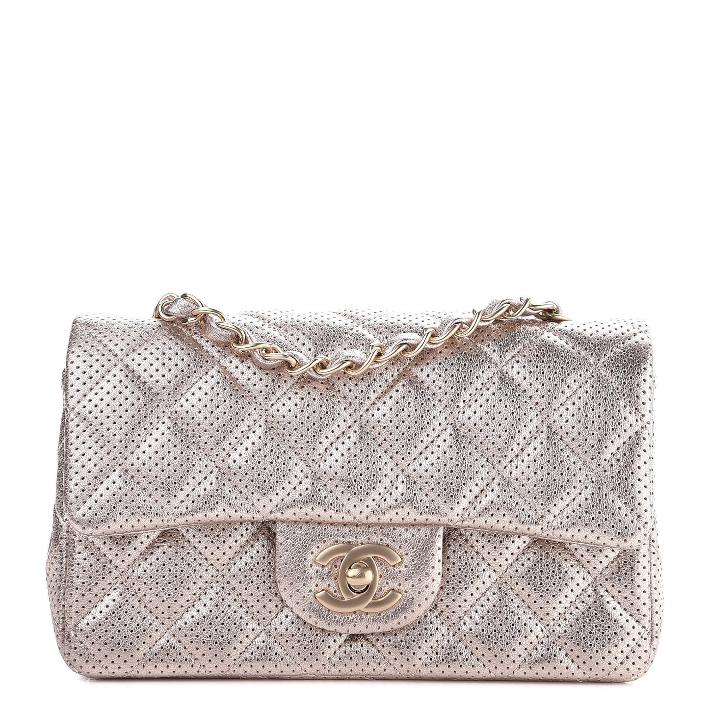 Metallic Lambskin Perforated Mini Rectangular Flap Light Gold