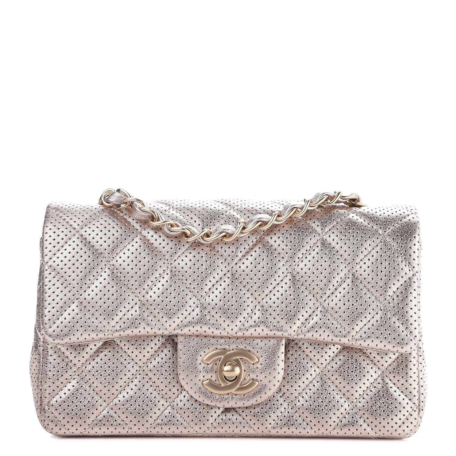 Chanel Metallic Lambskin Perforated Mini Rectangular Flap Light Gold 1 of 8