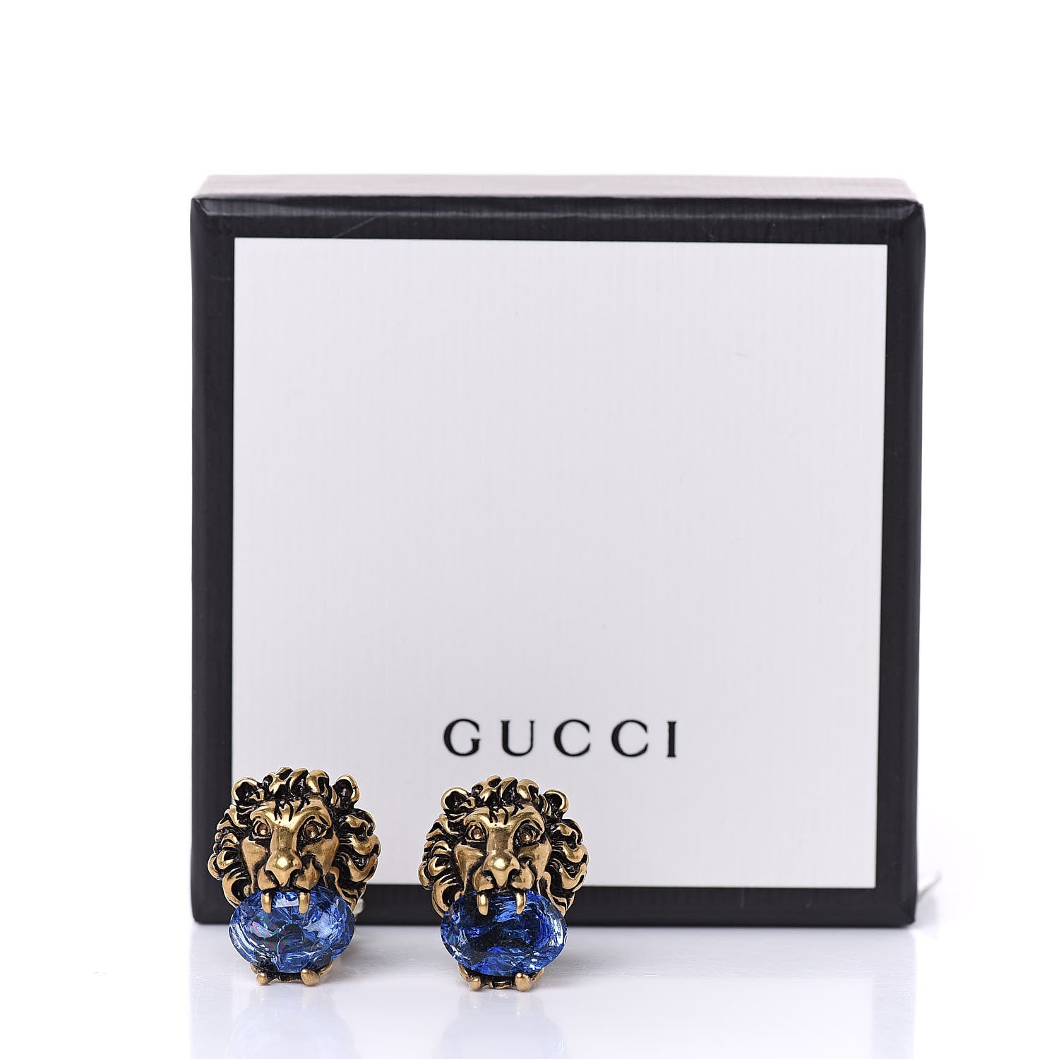Gucci Metal Crystal Lion Clip On Earrings Aged Gold Blue 5 of 5