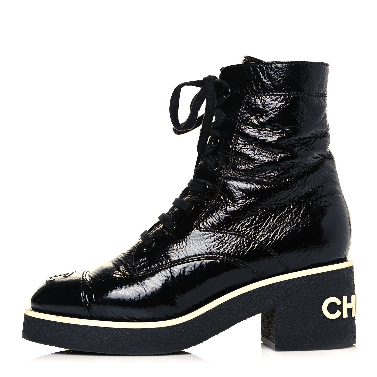 Chanel Shiny Crumpled Lambskin Lace Up Combat Boots 37 Black 1 of 5