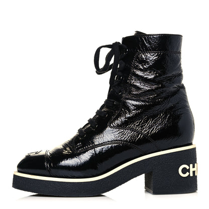 Chanel Shiny Crumpled Lambskin Lace Up Combat Boots 37 Black 1 of 5