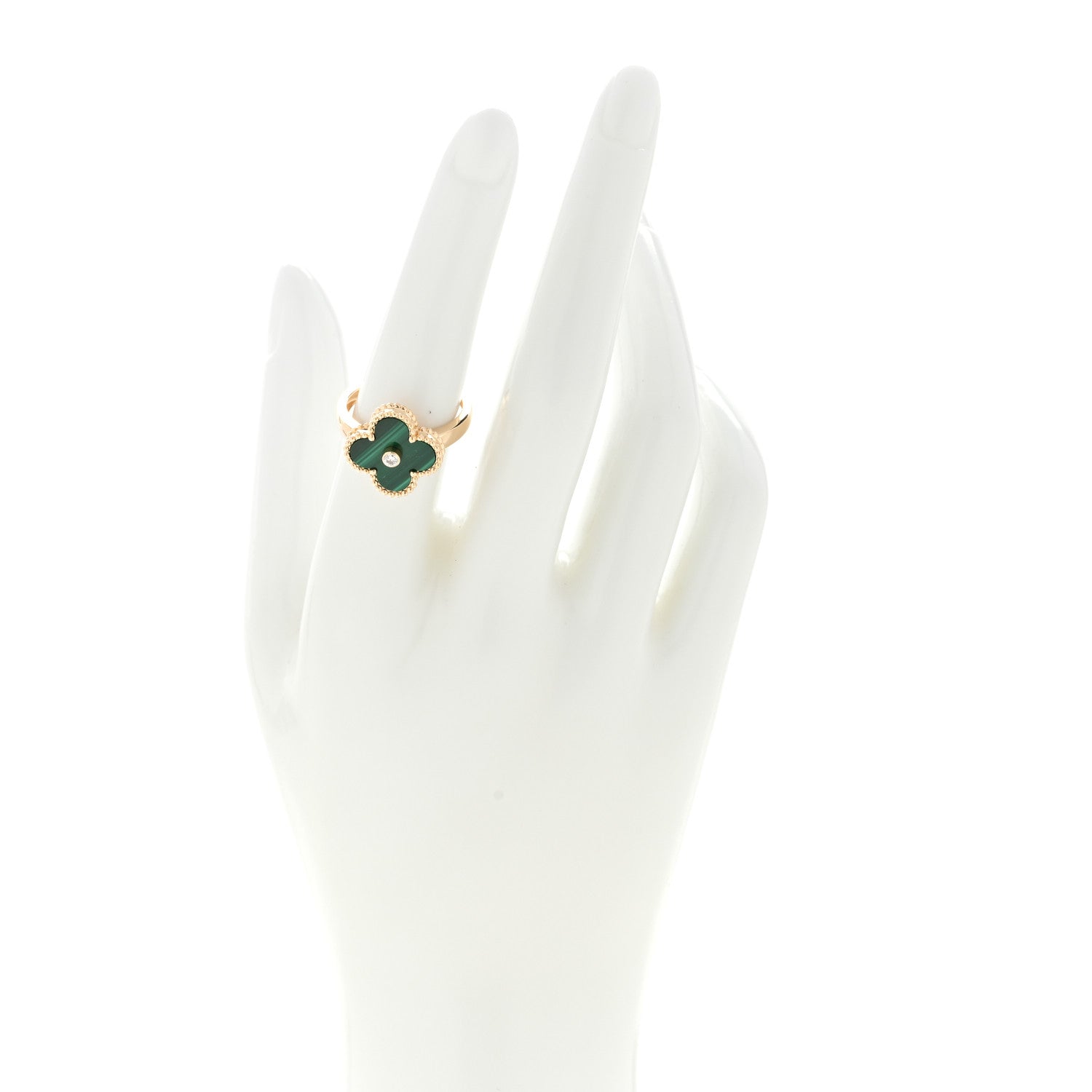 Van Cleef & Arpels 18K Yellow Gold Diamond Malachite Vintage Alhambra Ring 54 6.75 2 of 5