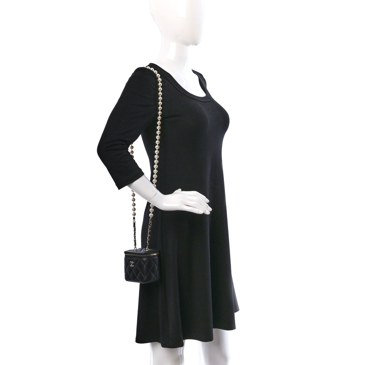 Lambskin Quilted Mini Vanity Case With Pearl Chain Black