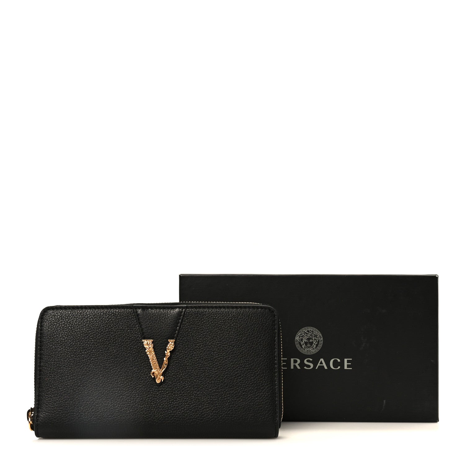 Versace Grained Calfskin Virtus Zip Around Wallet Black 9 of 9