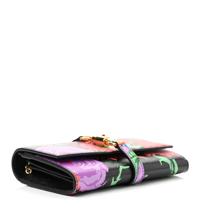Gucci X KEN SCOTT New Shangai Calfskin Jenny Floral Print Jackie 1961 Chain Wallet Black Pink 4 of 8