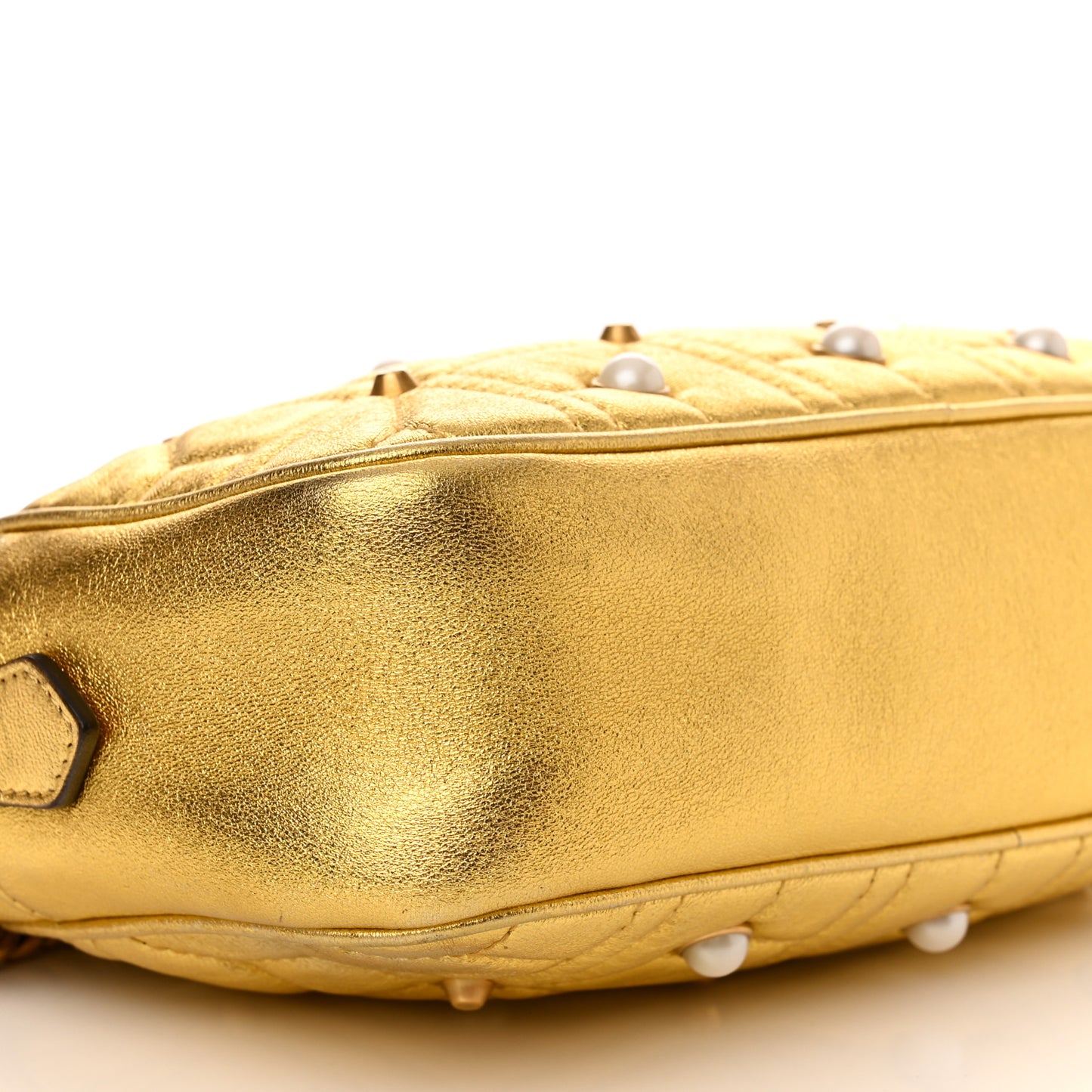 Metallic Calfskin Matelasse Studded Small Pearly GG Marmont Chain Shoulder Bag Gold