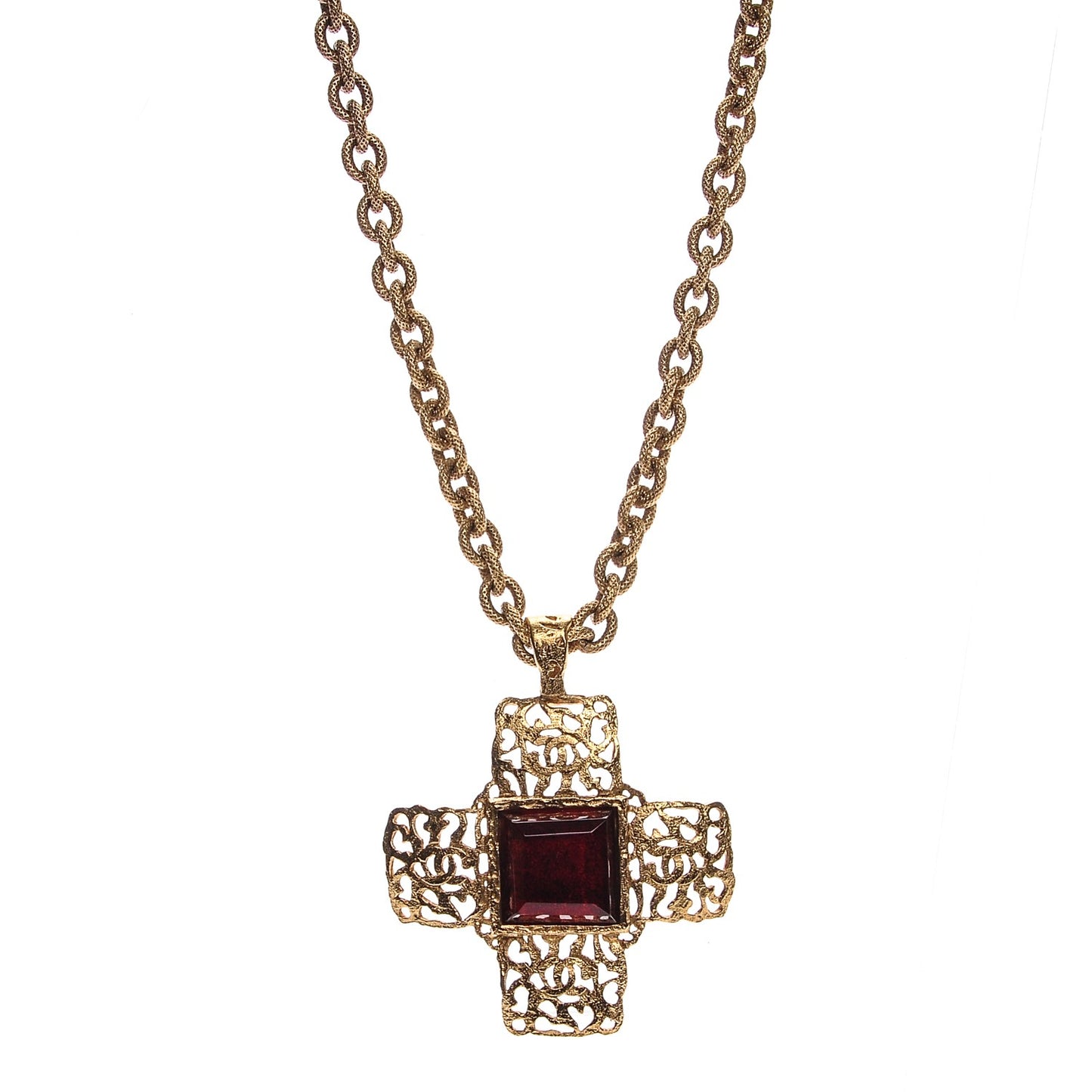 Gripoix CC Cross Pendant Necklace Red Gold