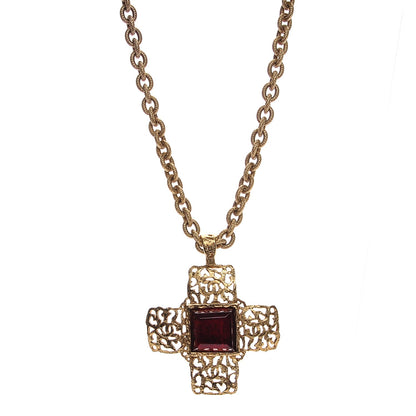 Chanel Gripoix CC Cross Pendant Necklace Red Gold 1 of 7