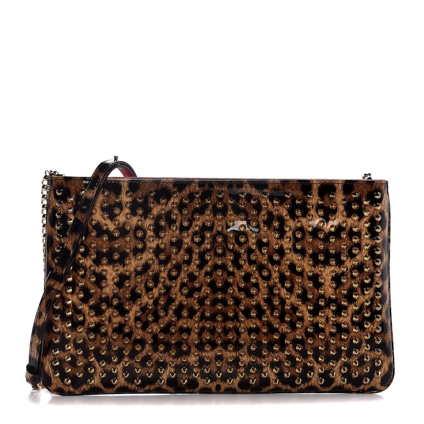 Patent Leopard Print Loubiposh Spiked Crossbody Clutch