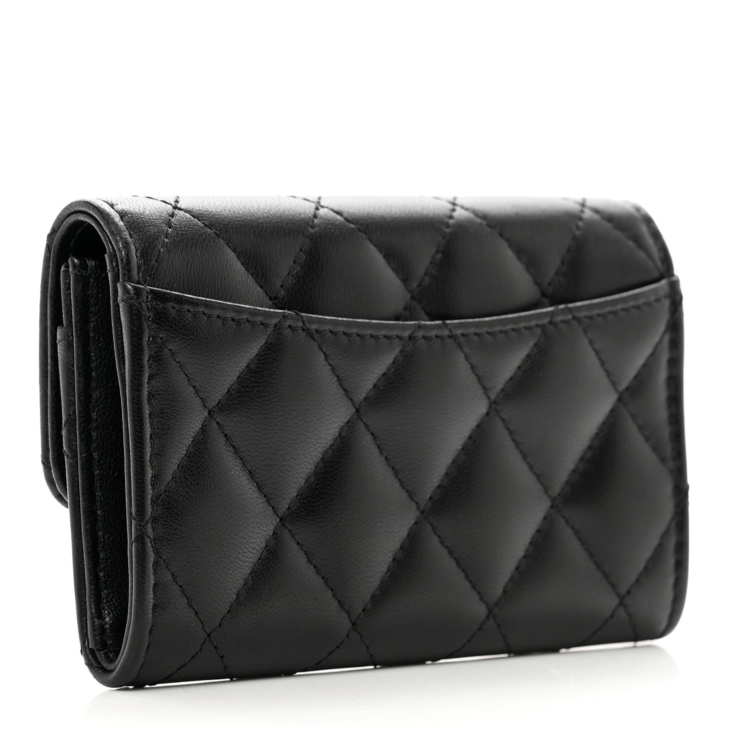 Lambskin Quilted Flap Card Holder Wallet Black