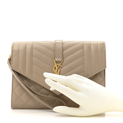 Saint Laurent Grain De Poudre Textured Mixed Matelasse Triquilt Monogram Clutch Dark Beige 2 of 7