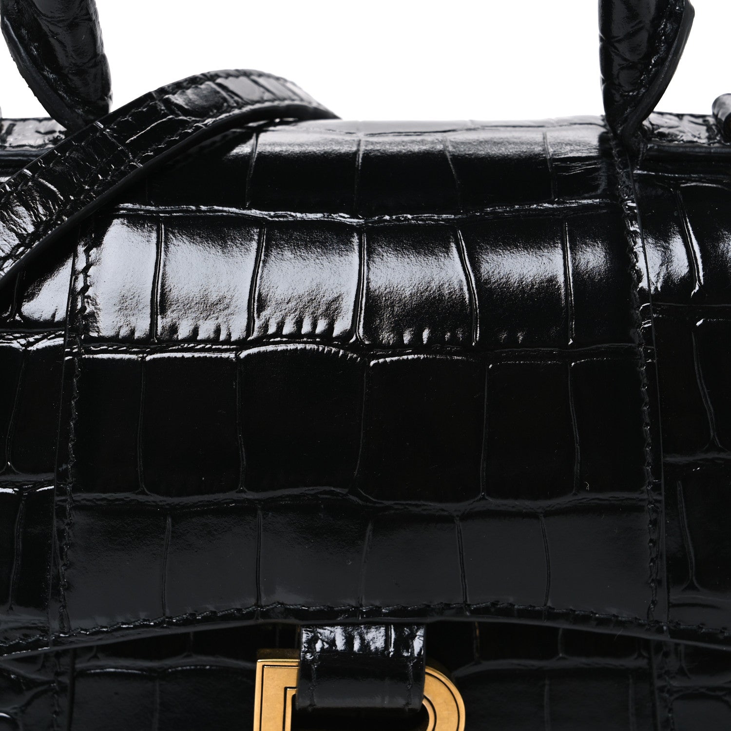 Balenciaga Shiny Calfskin Crocodile Embossed Hourglass Top Handle Bag XS Black 9 of 11