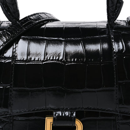 Balenciaga Shiny Calfskin Crocodile Embossed Hourglass Top Handle Bag XS Black 9 of 11