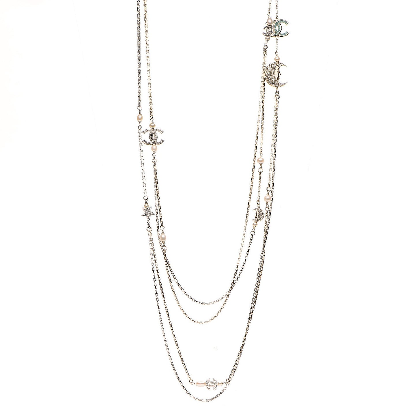 Glass Pearl Strass CC Long Necklace Gold Silver Light Blue
