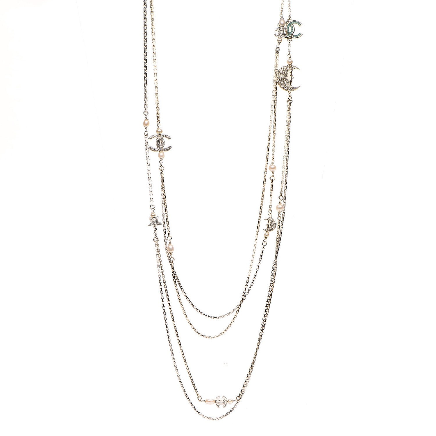 Chanel Glass Pearl Strass CC Long Necklace Gold Silver Light Blue 1 of 8