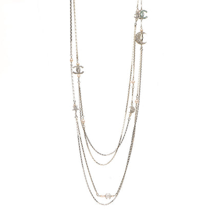 Chanel Glass Pearl Strass CC Long Necklace Gold Silver Light Blue 1 of 8