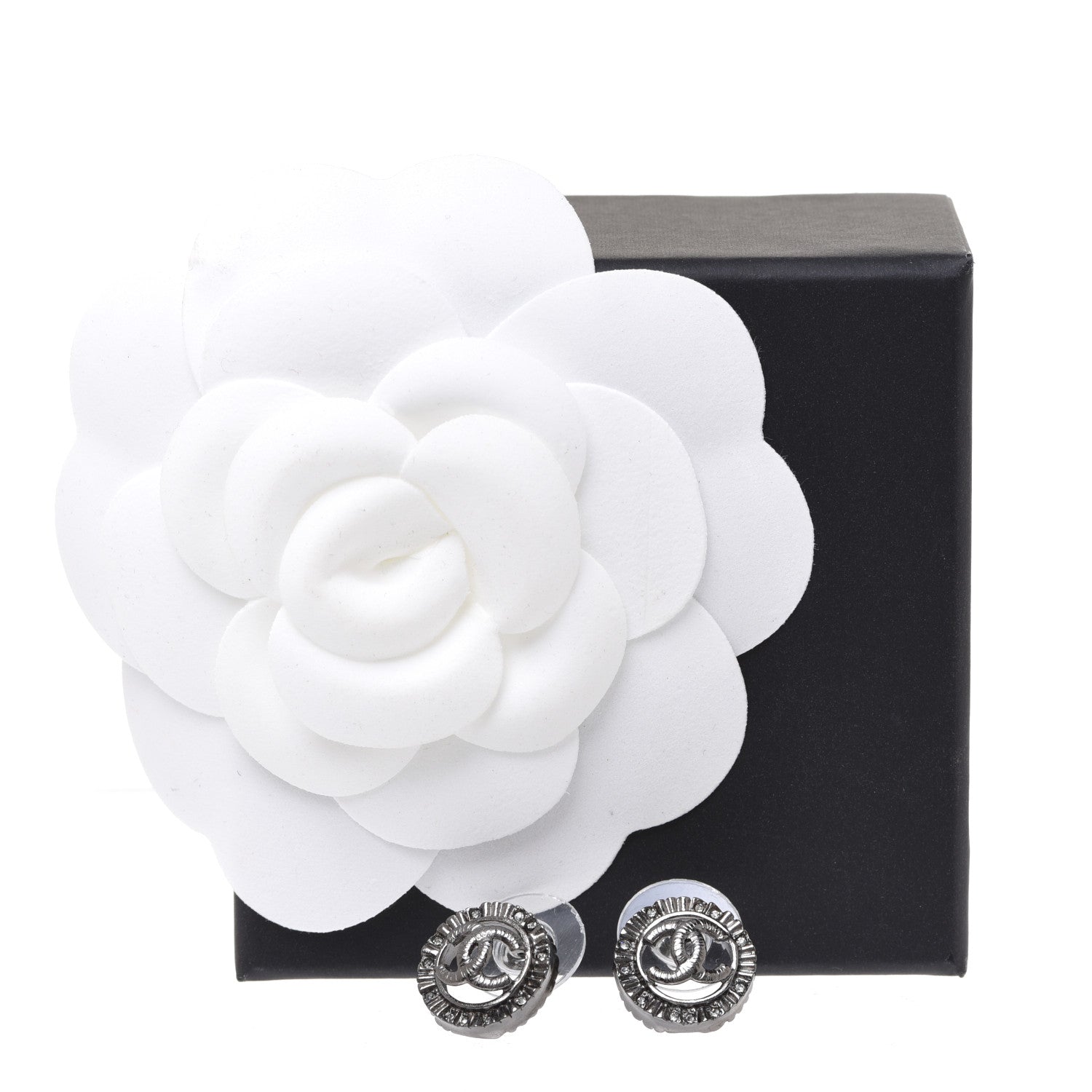 Chanel Ruthenium Crystal CC Round Earrings Silver 5 of 5