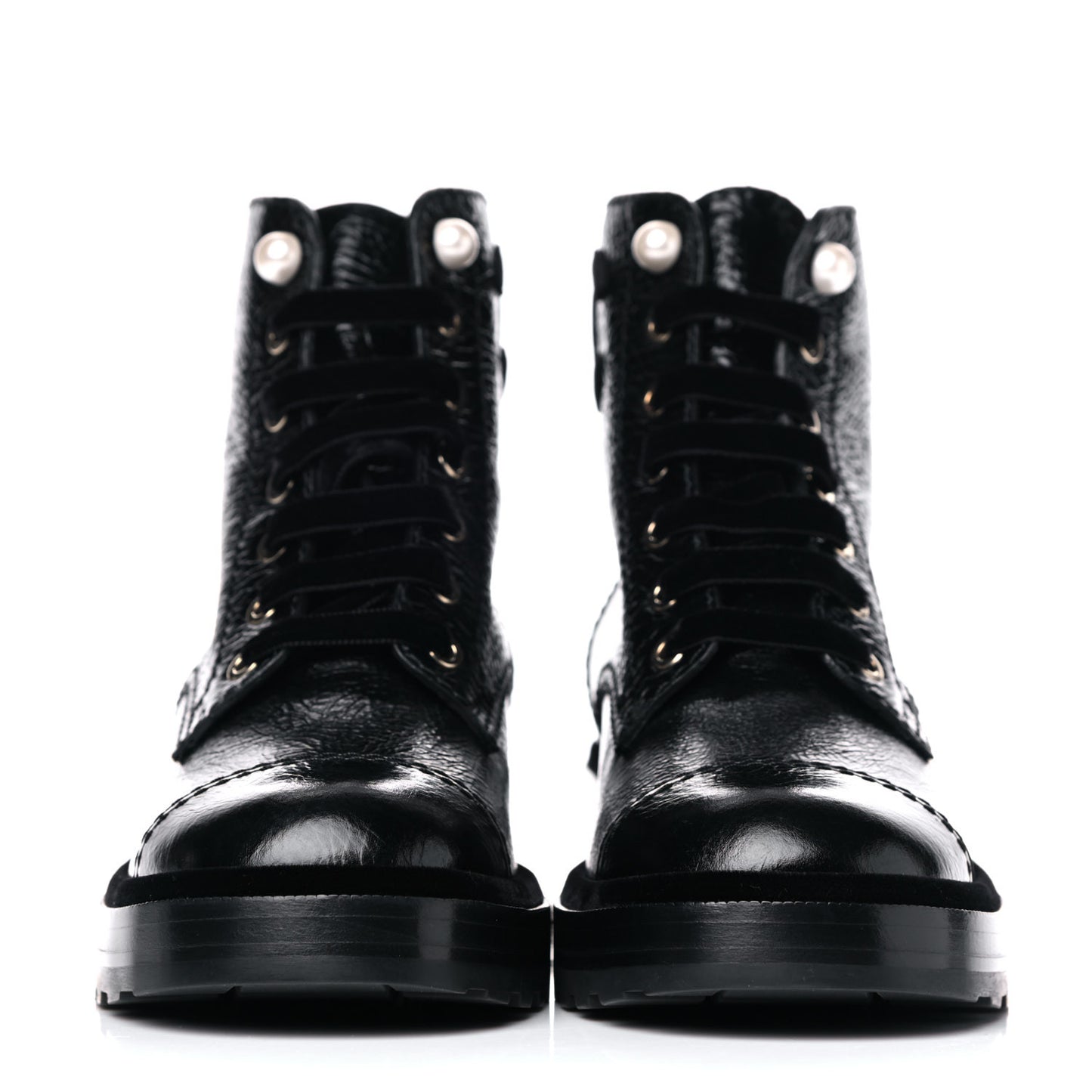 Calfskin Velvet Pearl Combat Short Boots 39 Black