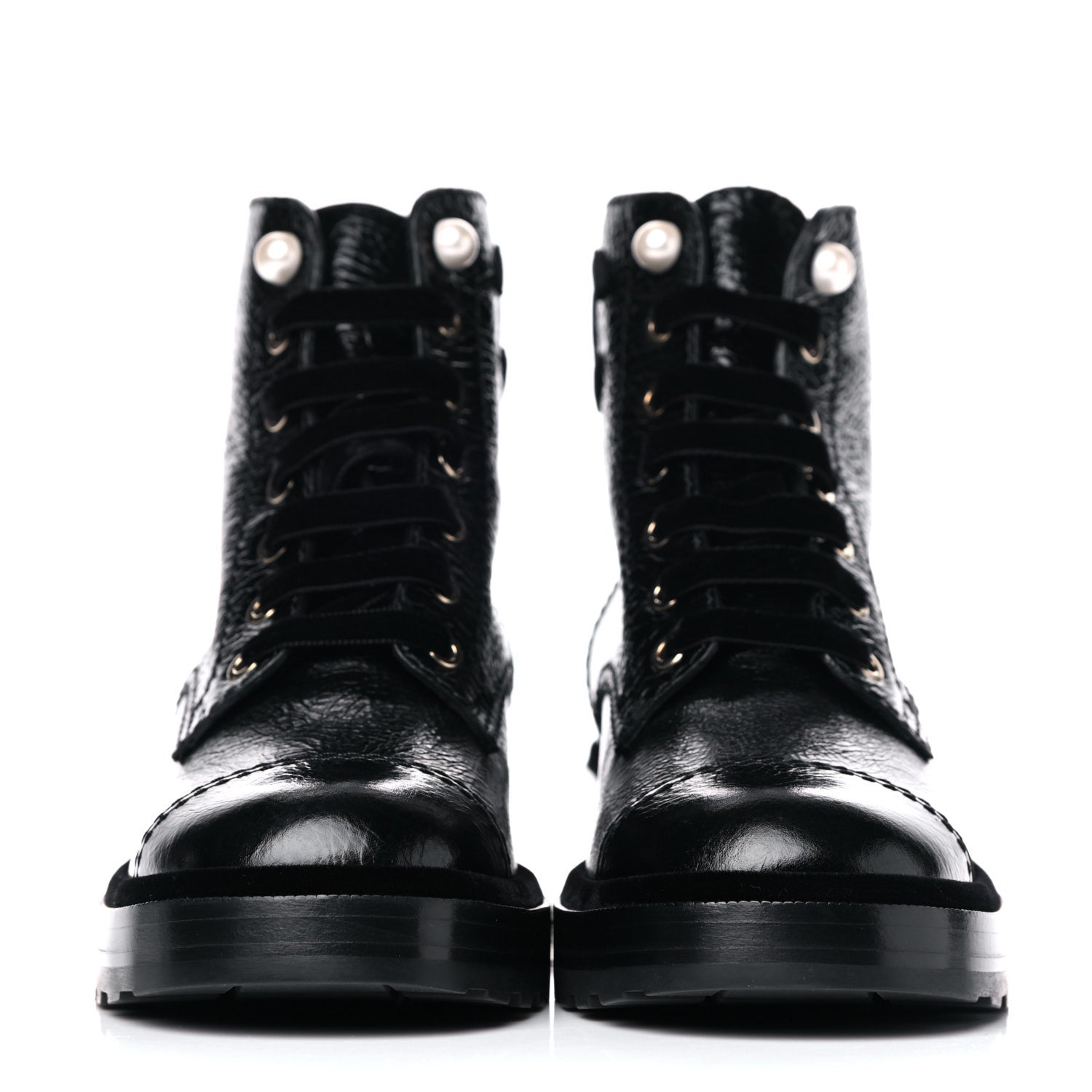Chanel Calfskin Velvet Pearl Combat Short Boots 39 Black 2 of 9