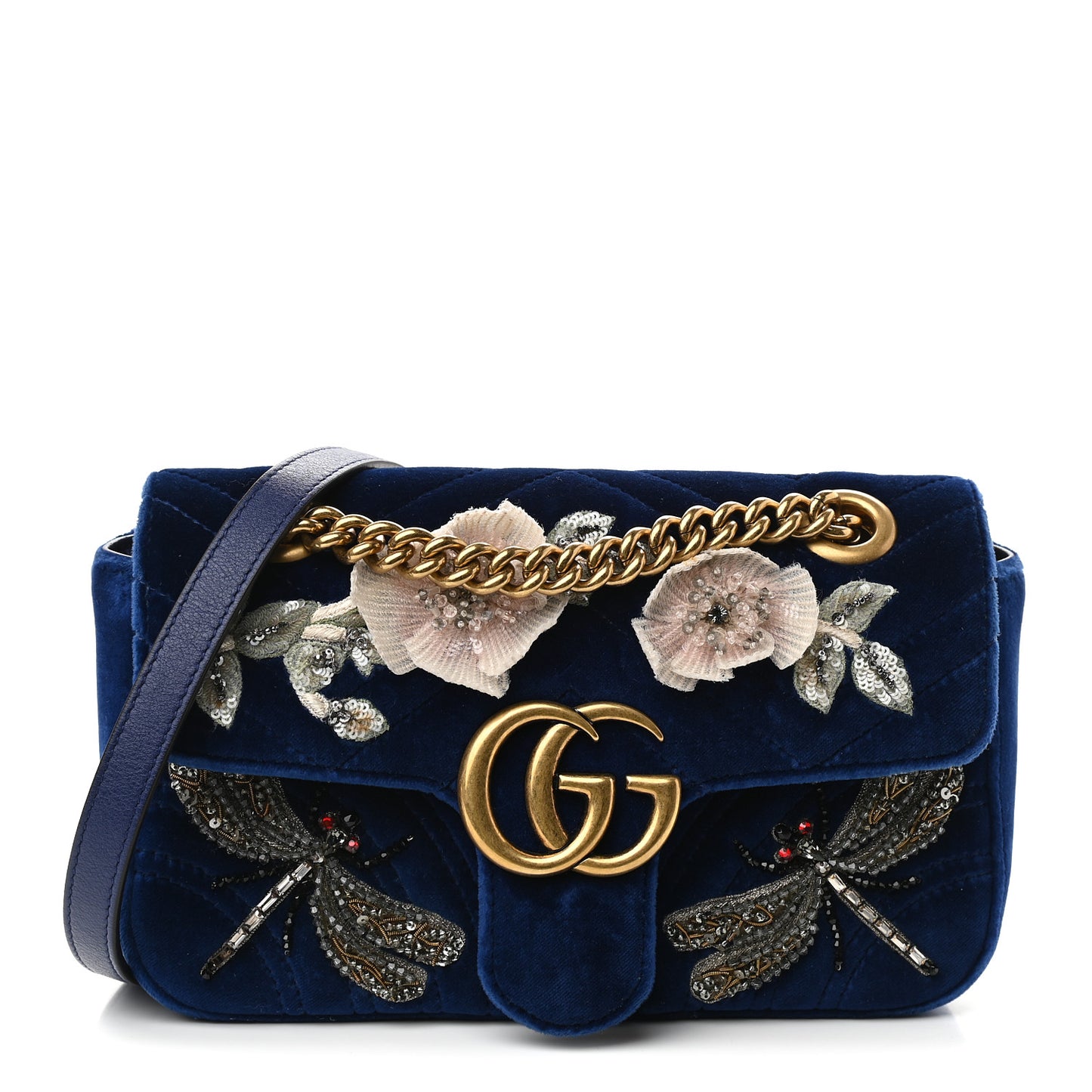 Velvet Matelasse Embroidered Mini GG Marmont Shoulder Bag Cobalt Blue