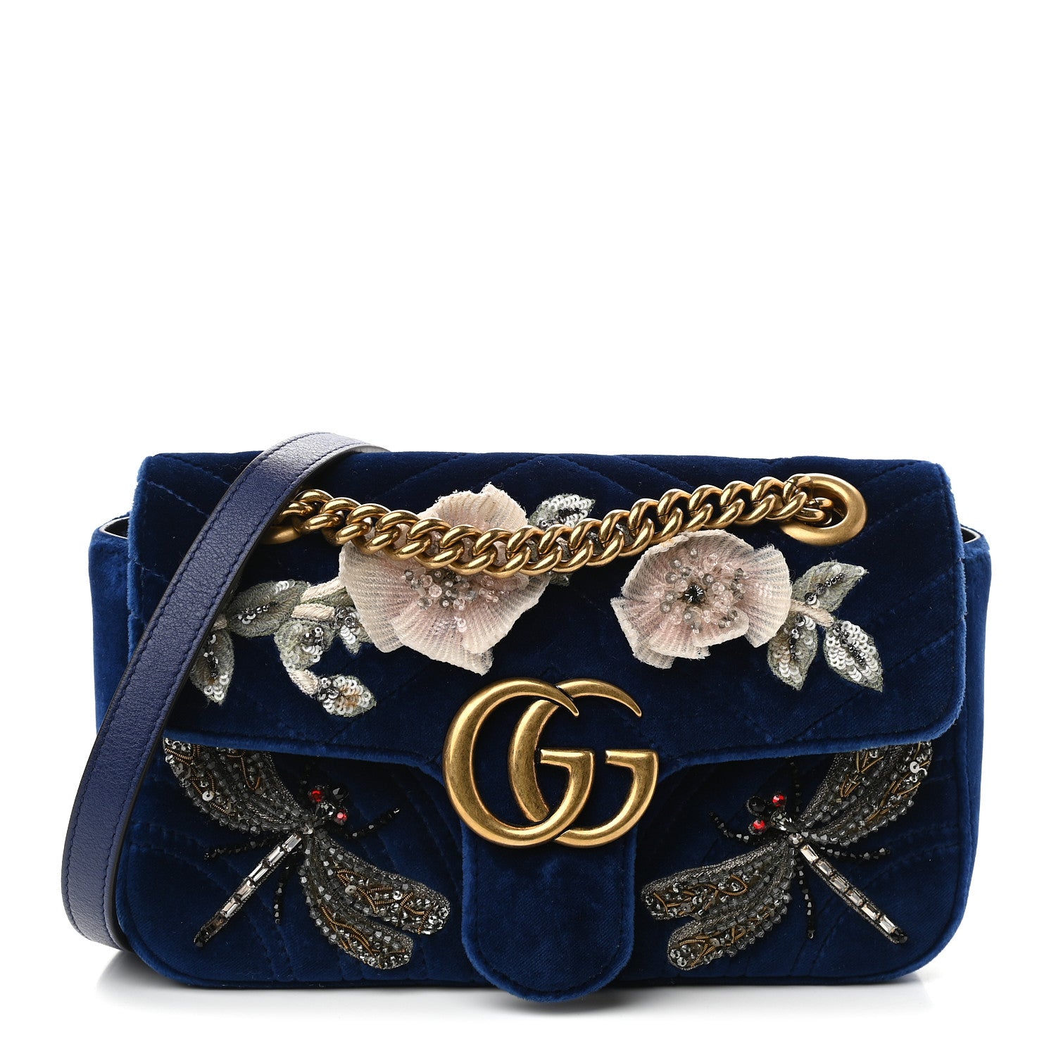 Gucci Velvet Matelasse Embroidered Mini GG Marmont Shoulder Bag Cobalt Blue 1 of 9