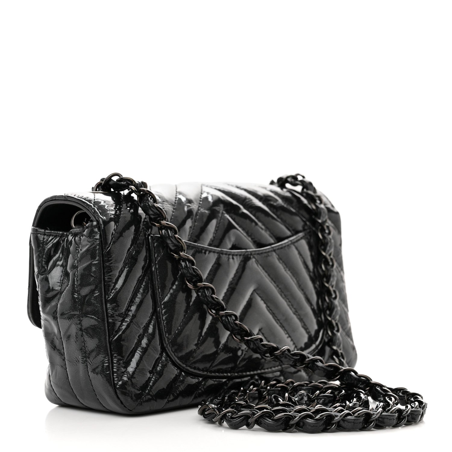 Chanel Patent Crumpled Calfskin Chevron Quilted Mini Rectangular Flap So Black 3 of 10
