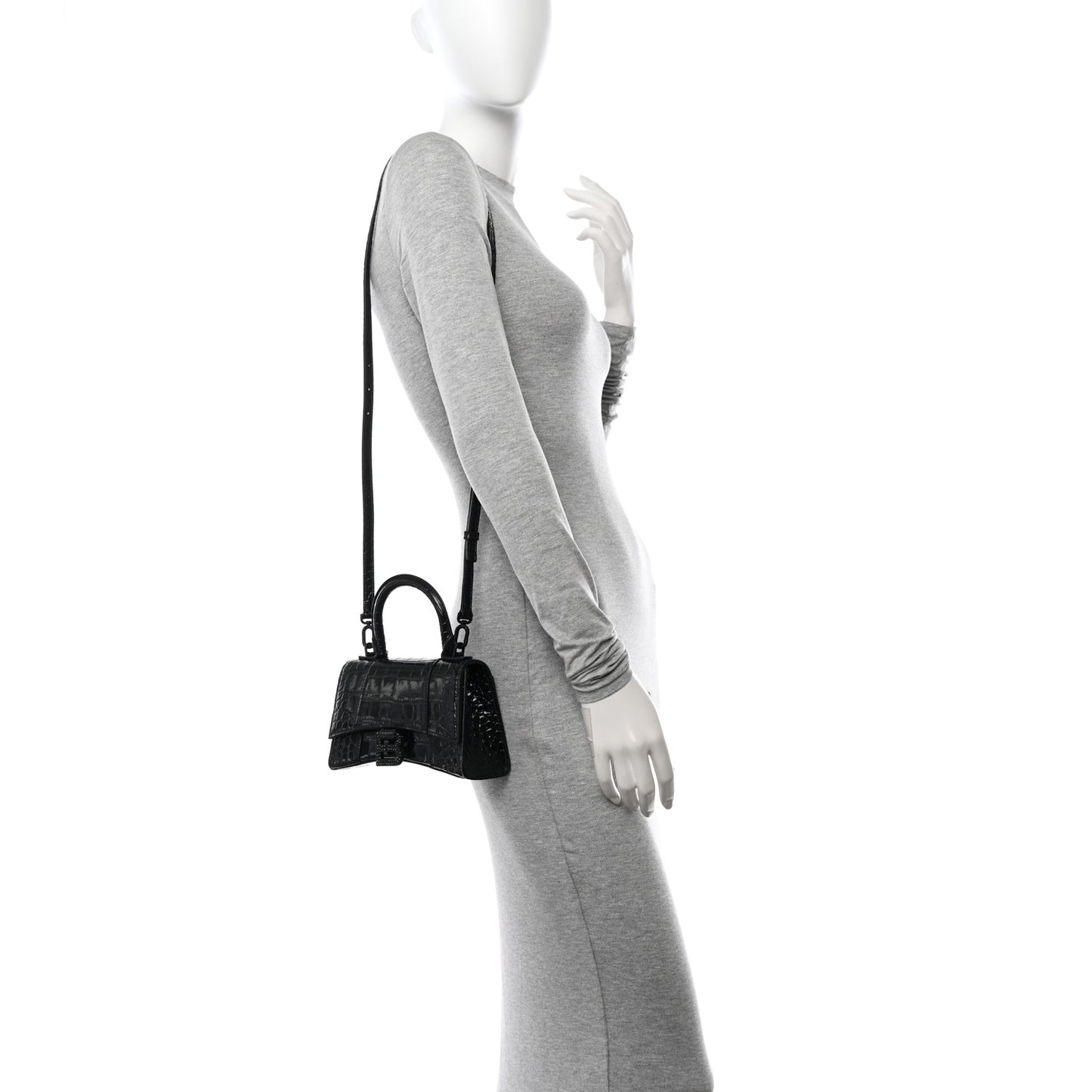 Shiny Calfskin Monochrome Crocodile Embossed Strass Hourglass Top Handle Bag XS Black