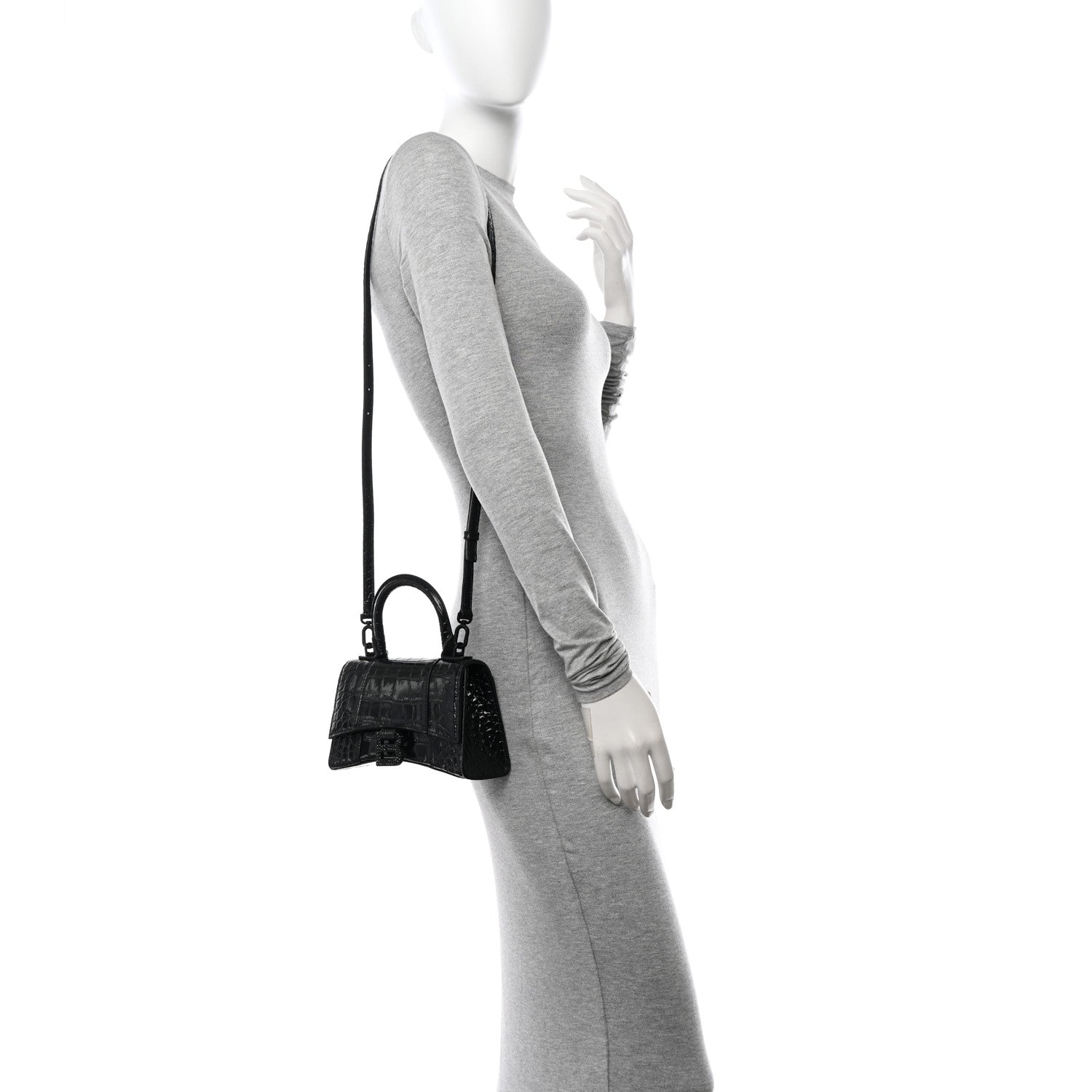 Balenciaga Shiny Calfskin Monochrome Crocodile Embossed Strass Hourglass Top Handle Bag XS Black 2 of 11