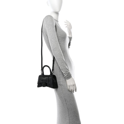 Balenciaga Shiny Calfskin Monochrome Crocodile Embossed Strass Hourglass Top Handle Bag XS Black 2 of 11