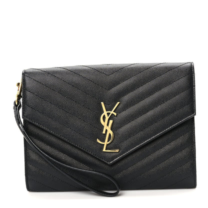 Saint Laurent Grain De Poudre Matelasse Chevron Monogram Envelope Clutch Black 1 of 10