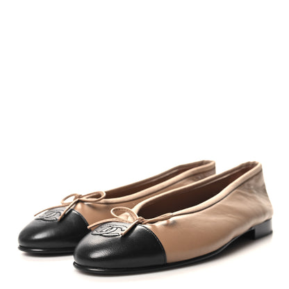 Chanel Lambskin Cap Toe CC Ballerina Flats 37 Beige Black 3 of 9