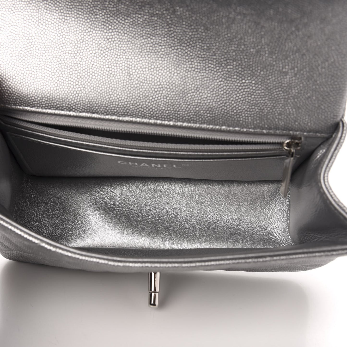 Metallic Caviar Quilted Mini Top Handle Rectangular Flap Silver