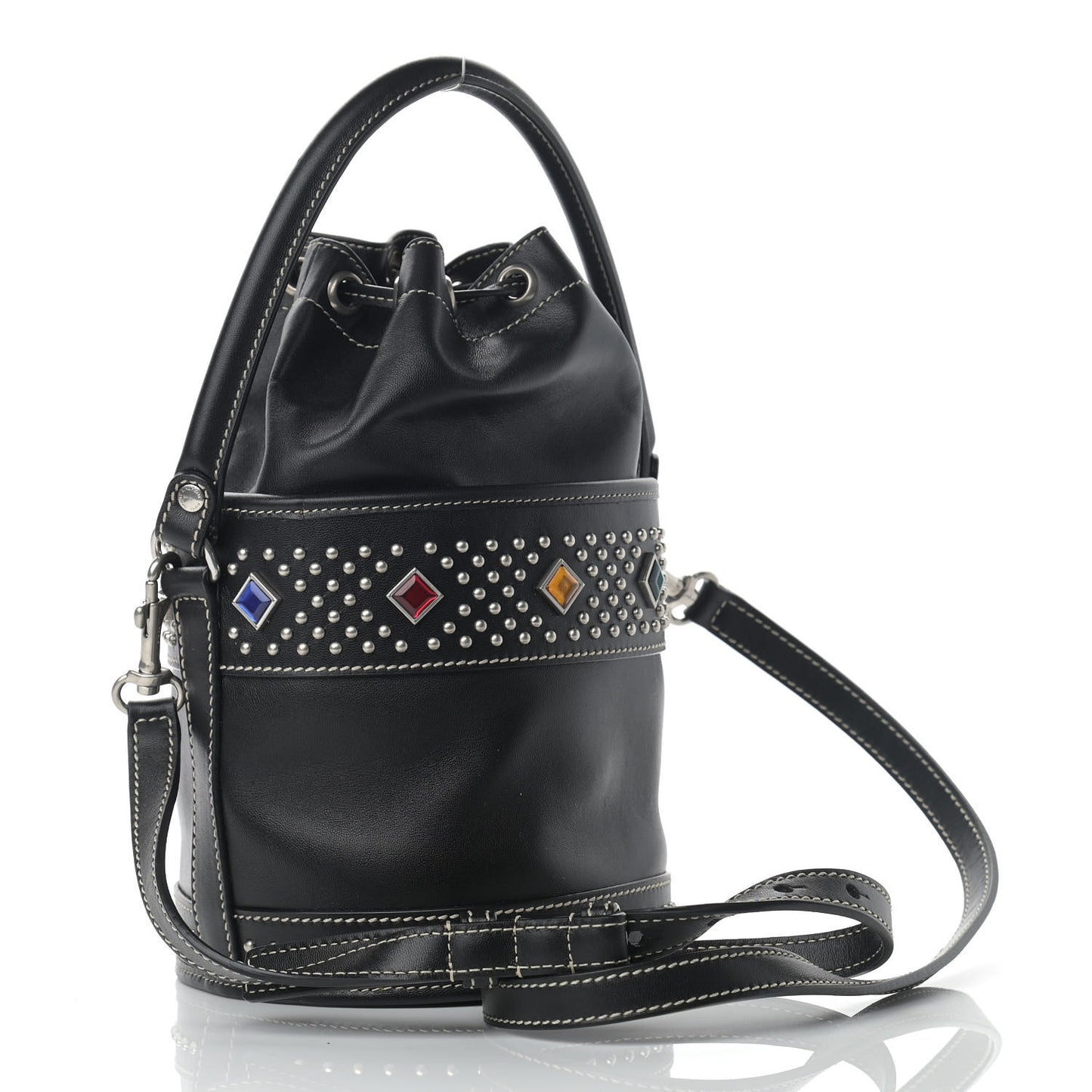 Smooth Calfskin Studded Small Bahia Drawstring Bucket Bag Black Multicolor