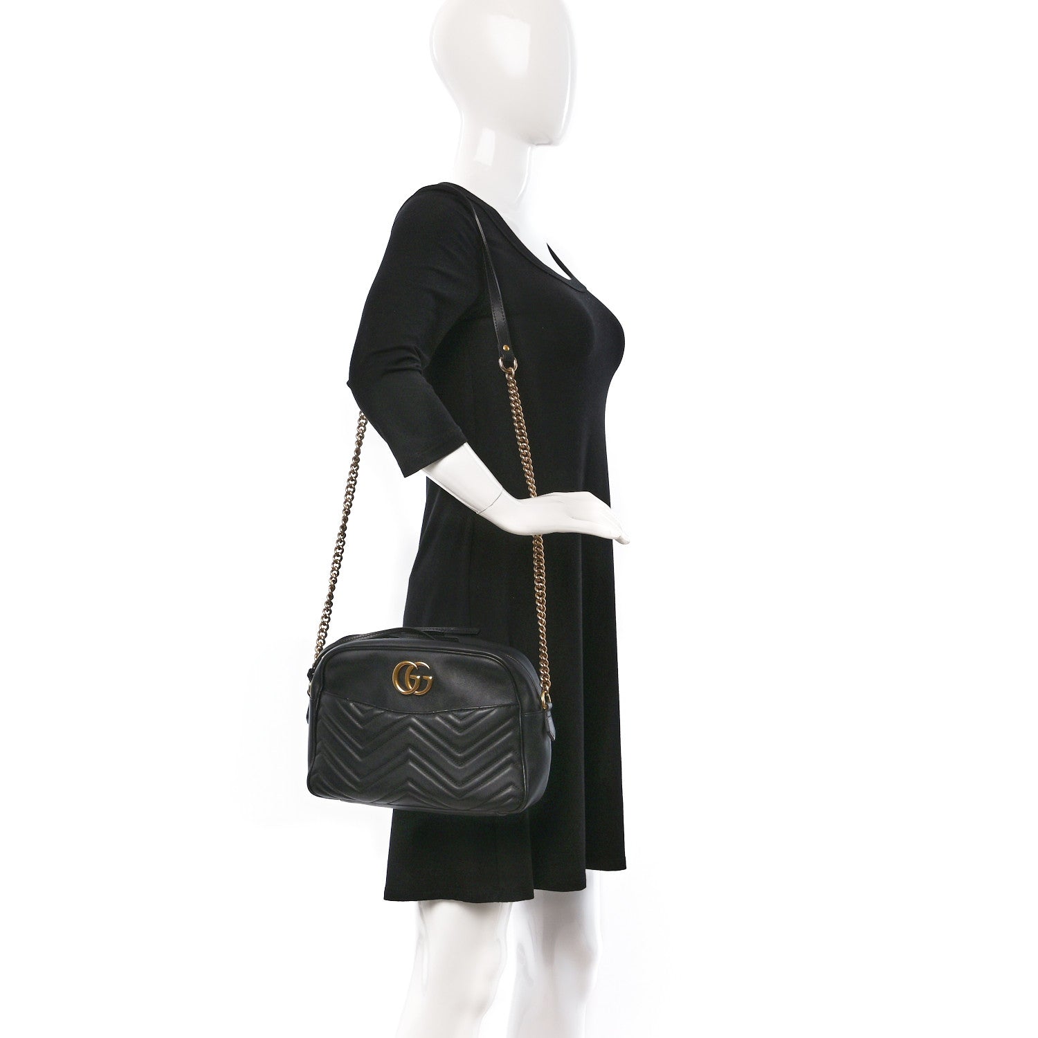 Gucci Calfskin Matelasse Medium GG Marmont Chain Shoulder Bag Black 2 of 9