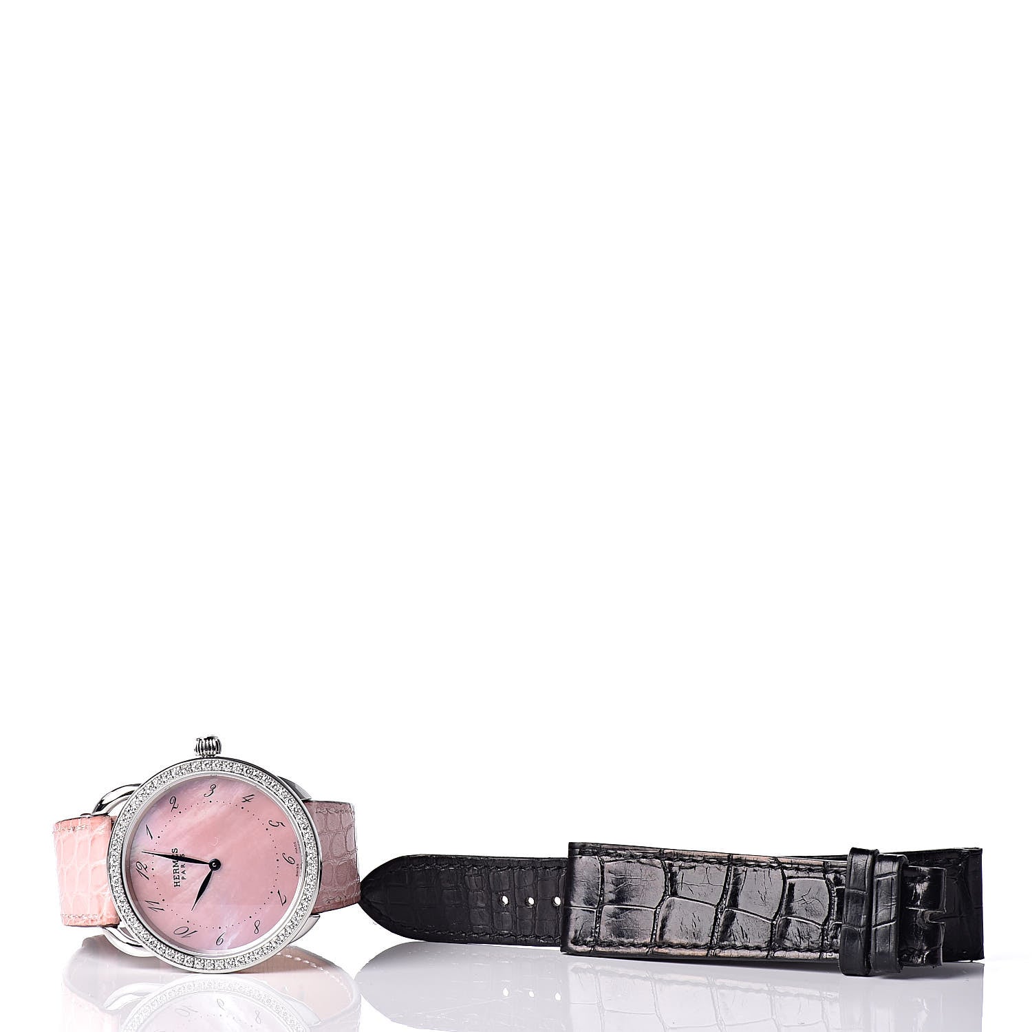 Hermes Stainless Steel Alligator Diamond Bezel Pink Mother of Pearl 38mm Arceau Quartz Watch 11 of 16