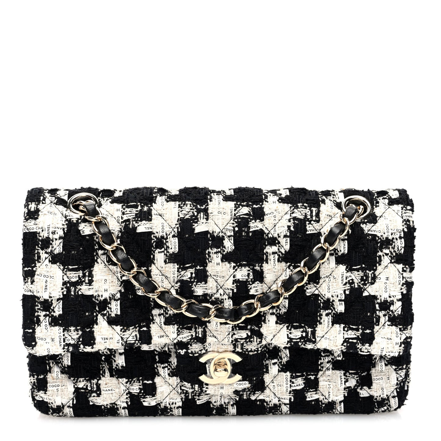 Tweed Quilted Medium Double Flap Black Ecru White