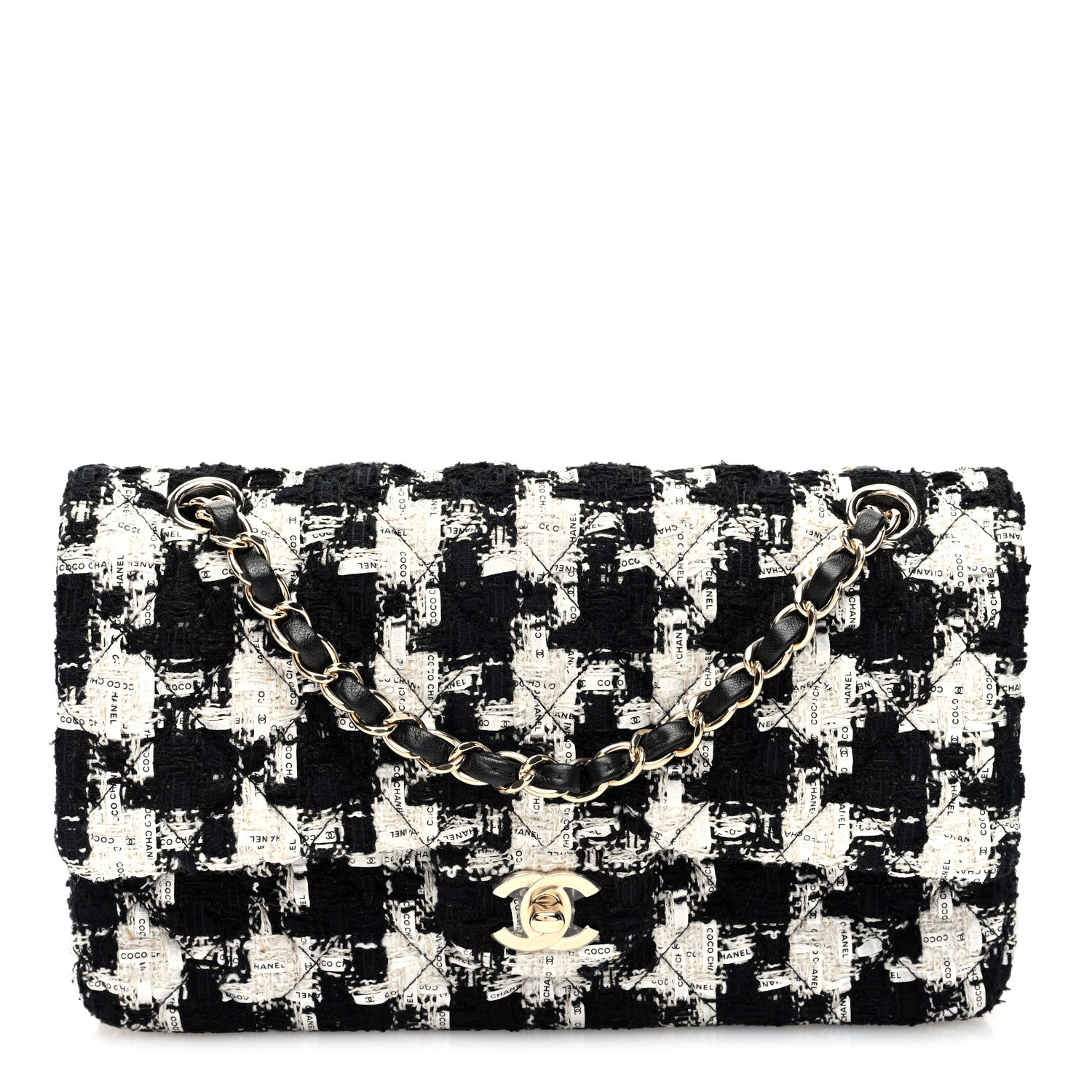 Chanel Tweed Quilted Medium Double Flap Black Ecru White 1 of 10
