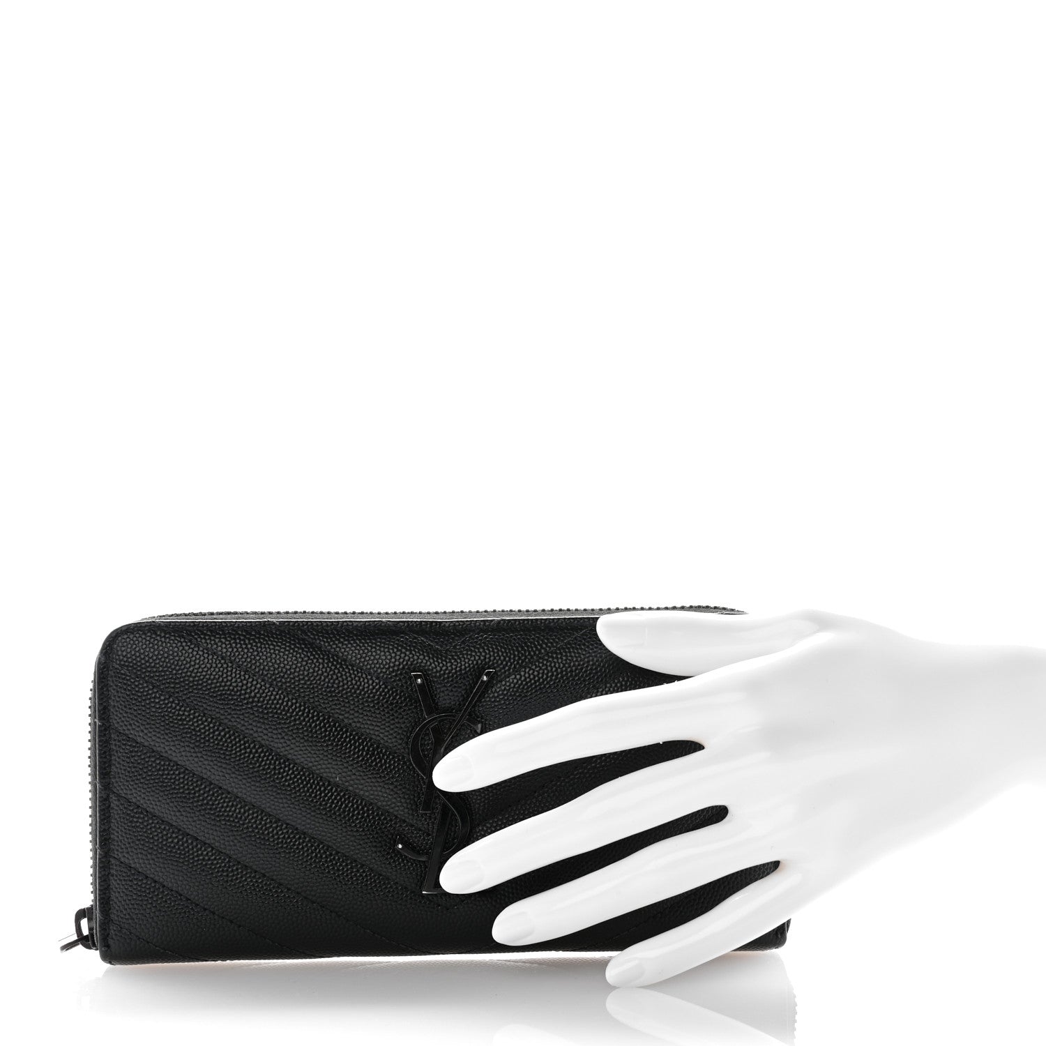 Saint Laurent Grain De Poudre Matelasse Chevron Monogram Monochrome Zip Around Wallet Black 2 of 10