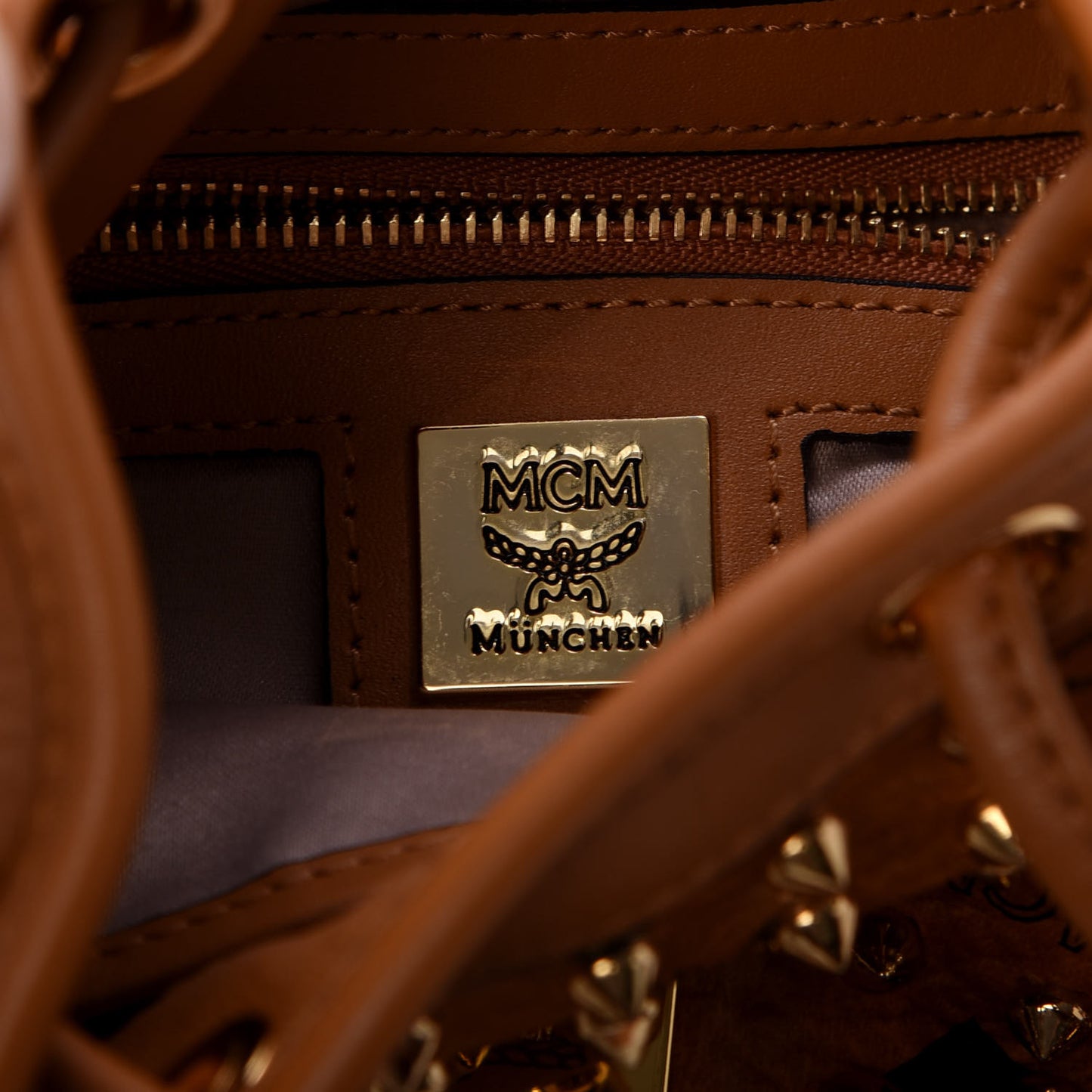 Visetos Swarovski Crystal Studded Mini Drawstring Bucket Bag Cognac