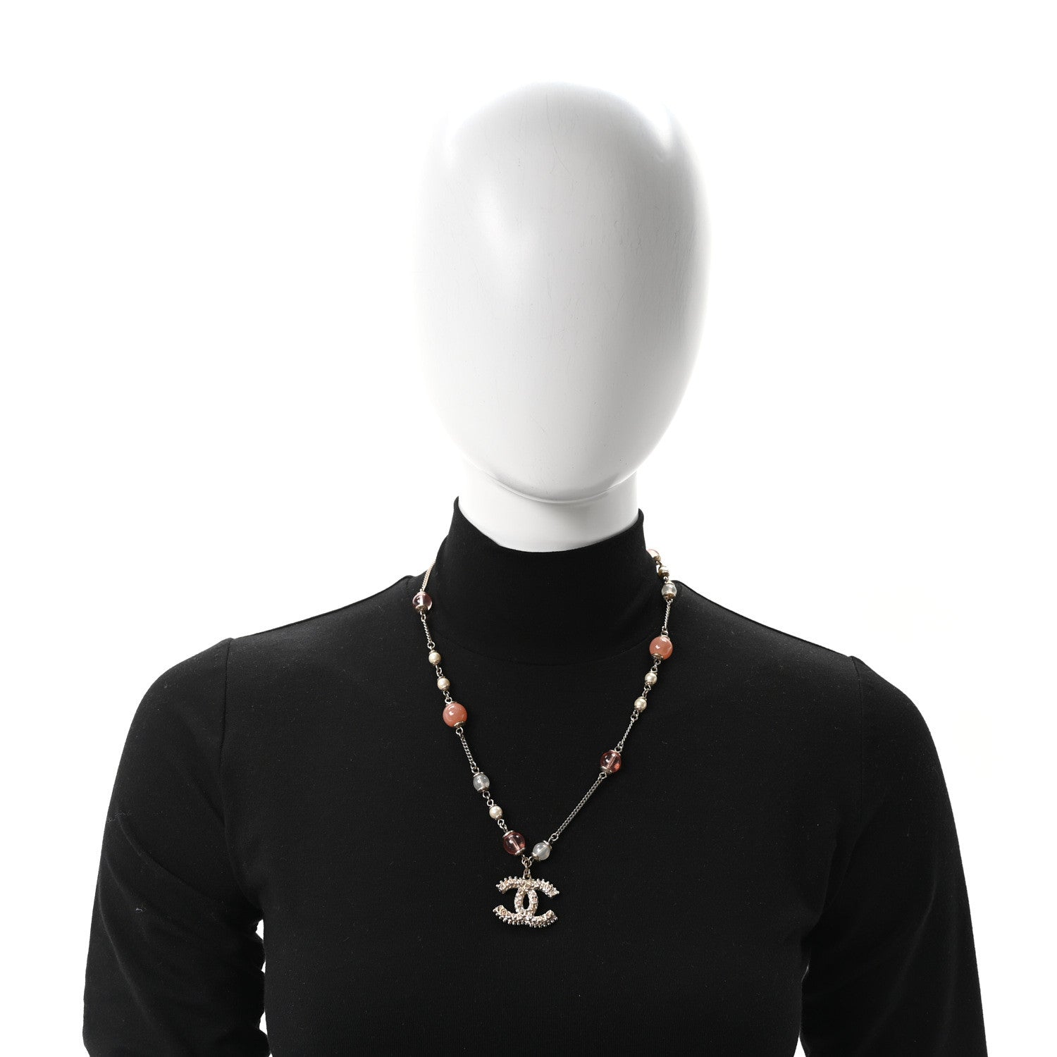 Chanel Beaded Pearl Crystal CC Long Necklace Gold Coral 2 of 5