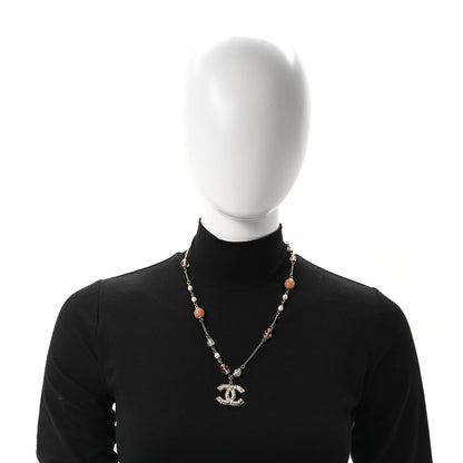 Chanel Beaded Pearl Crystal CC Long Necklace Gold Coral 2 of 5