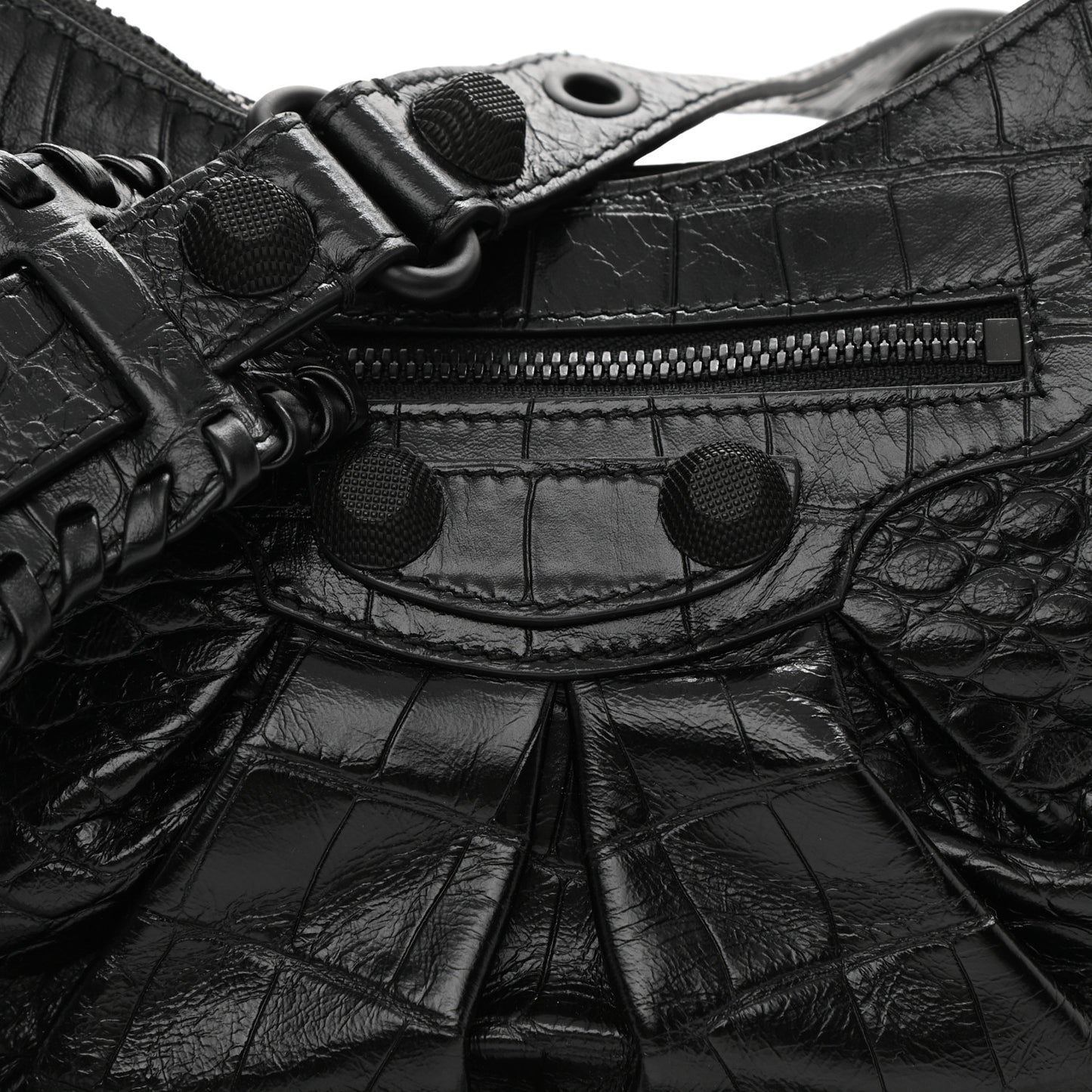 Extra Supple Calfskin Crocodile Embossed Monochrome Small Le Cagole Shoulder Bag Black