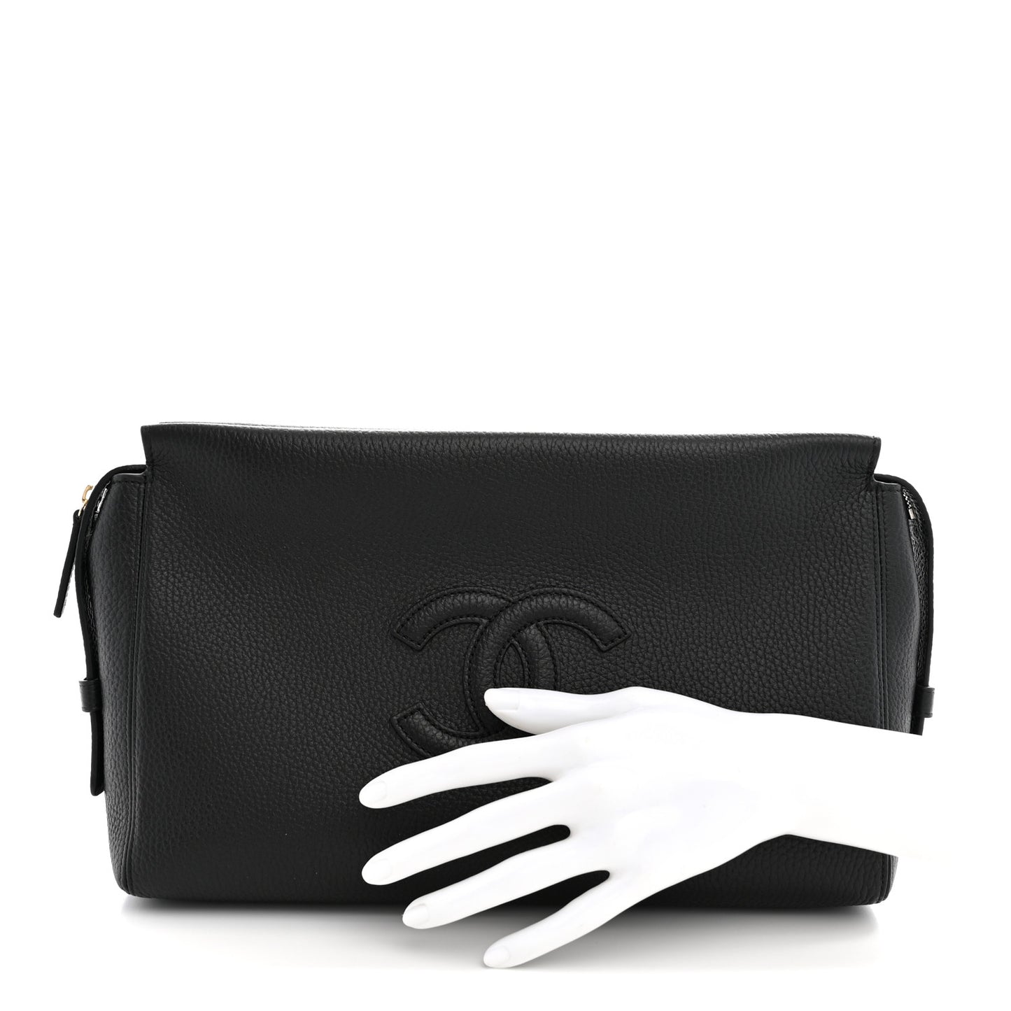 Grained Calfskin Large Zippered Pouch Black