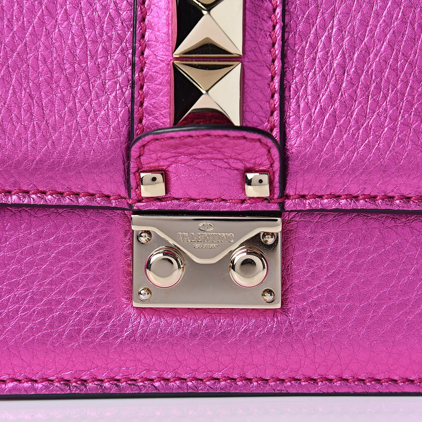 Metallic Pebbled Calfskin Mini Glam Lock Rockstud Flap Peony